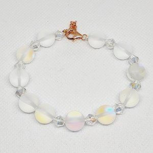 White Aurora Borealis Glass and White Glass Beaded Bracelet in 14K RG Over 925SS